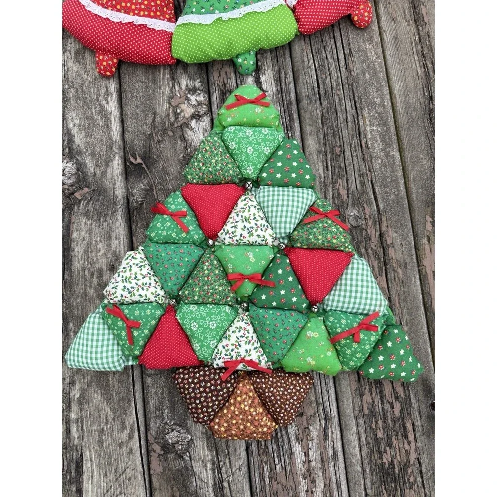 Handmade Quilted Patchwork Christmas Tree Wall Hanging with Jingle Bells Vintage